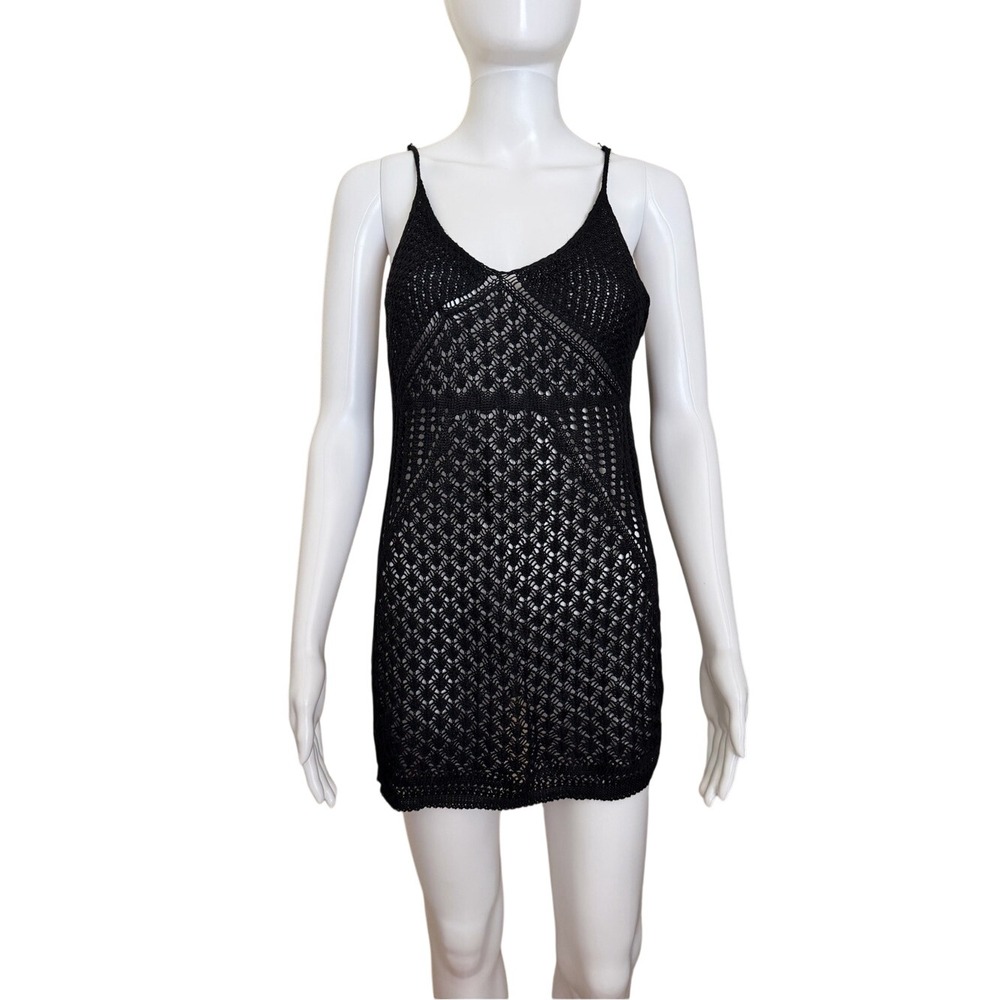 Black Crochet Knit Shirt Mini Dress Swim Cover Size Medium
